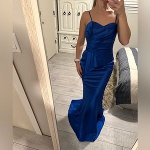 Davids Bridal trumpet maxi royal blue dress with train